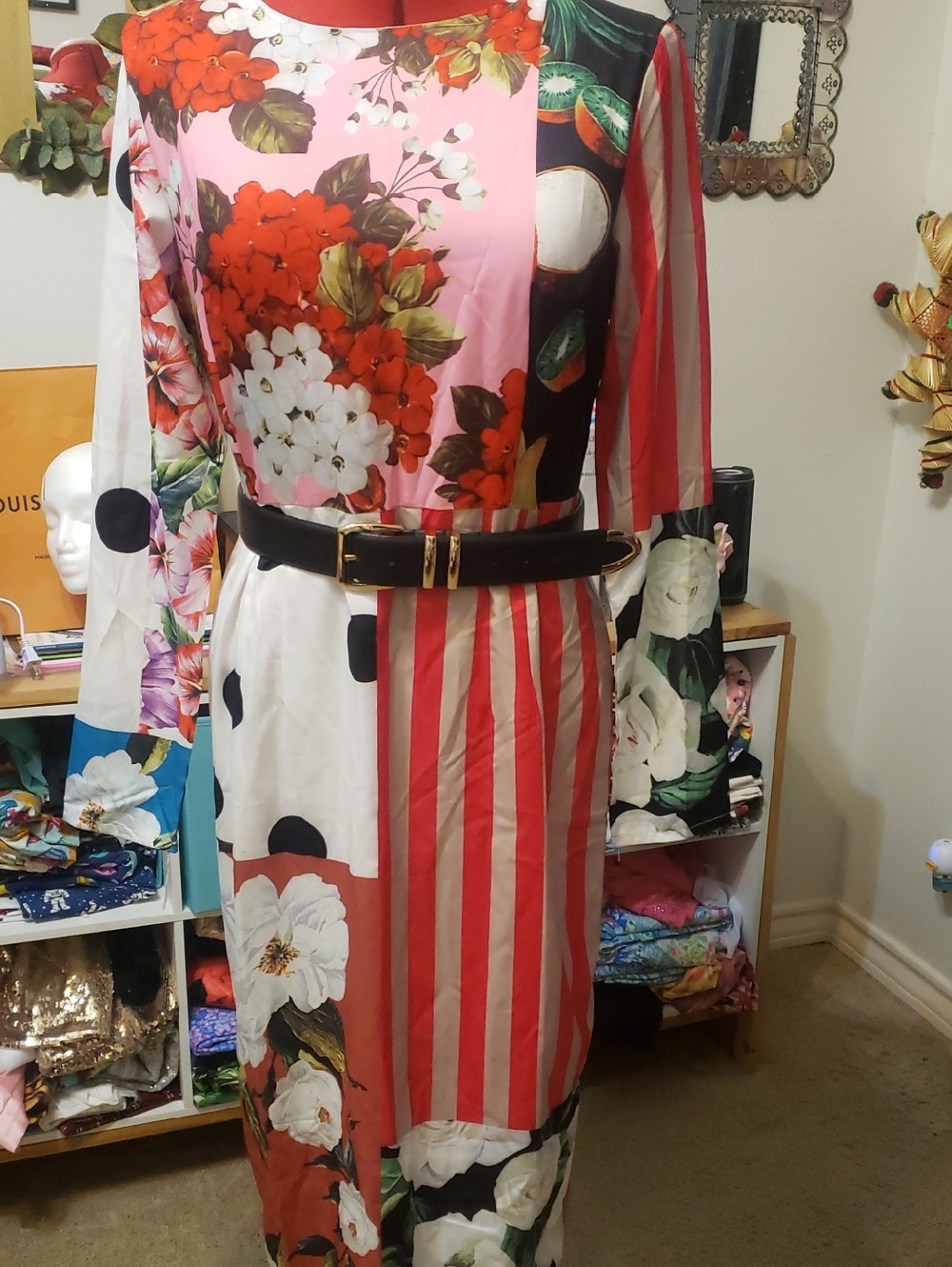 Floral Patchwork Midi Dress in Pink, Red and Black